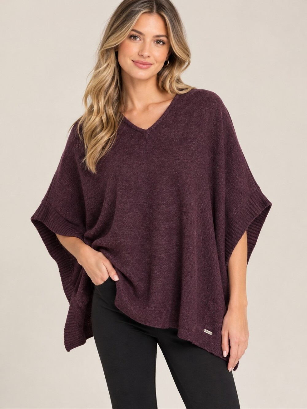 BENCH Burgundy Knit Poncho Sweater Boho V-Neck Oversized Pockets Ribbed Dolman M